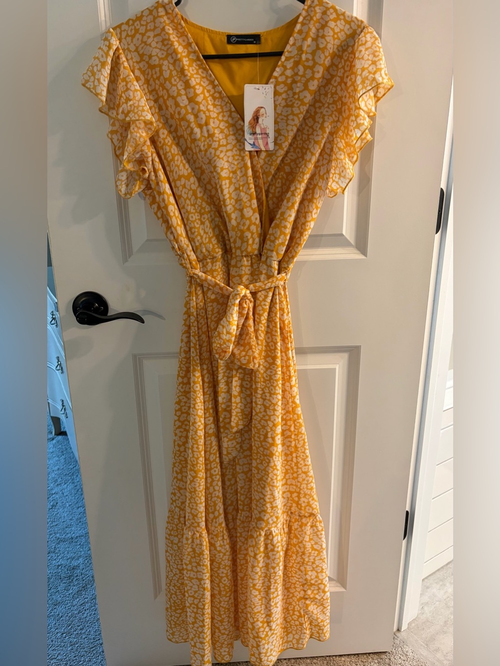 Yellow Floral Wrap Midi Dress with Waist Tie